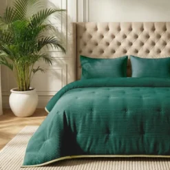 Easy Dekbed Zonder Overtrek Corduroy - Donker Groen/Crème