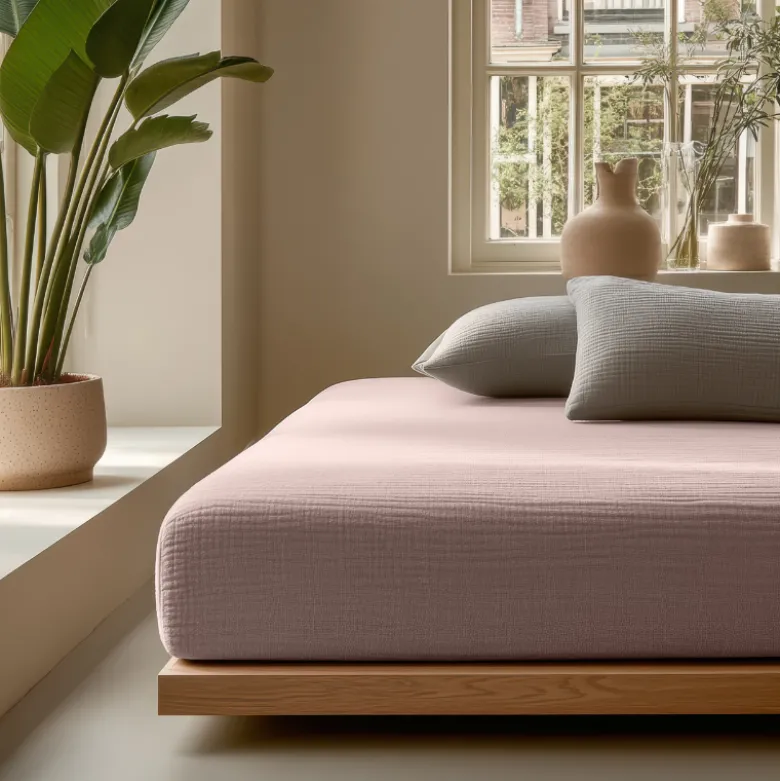 Hoeslaken Katoen Mousseline - Roze