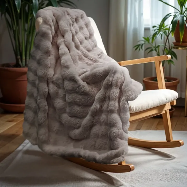 Plaid Pom Rabbit Fur - Taupe/Rose