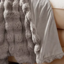 Plaid Pom Rabbit Fur - Taupe/Rose